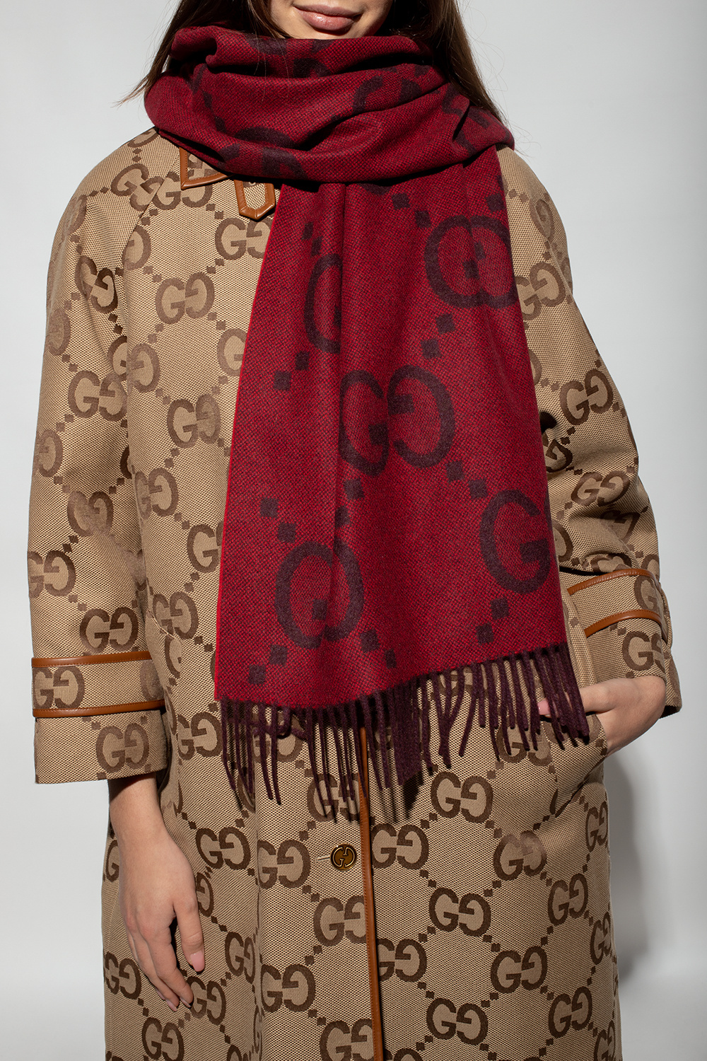 Gucci scarf Maroon outlet Gray GG wool Shawl